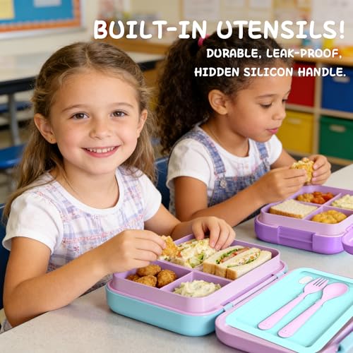 Image of Kids Bento Lunch Box for Boys & Girls - 4-Compartment Leak-Proof Lunch Container with Hidden Silicone Handle, Lightweight, BPA-Free, 855ml for School & Travel (Mermaid)