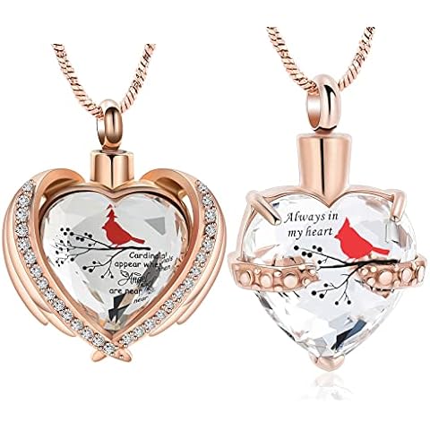 Yinplsmemory 2 Pieces Red Cardinal Urn Necklace for Ashes Keepsake Memorial Crystal Heart Urn Locket for Human/Pet Cremation Jewelry Cover