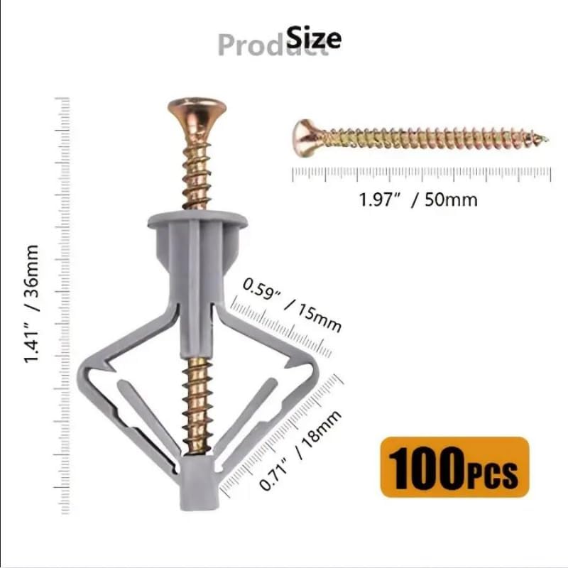 100pcs Gray Butterfly Drywall Anchor Expansion Screw For Plasterboard Wall Plug With Self Tapping Screws Drywall Anchor kit
