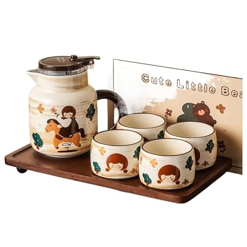Movni 陶器の大容量ティーポットセット 絵画木馬の女の子用茶器 フィルター付き1ポット4カップ+トレイ付 生誕祝い 引っ越し祝い 女の子向け贈り物