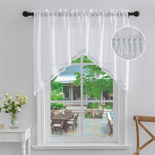 Beda Home Tassel Linen Textured Swag Curtain Valance, White, 36 x 36 in
