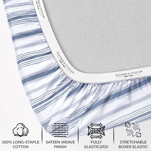 Image of Feather & Stitch Printed 500 TC Split King Size Sheet Set, 5 Piece Bed Sheets Set, 2 Twin Fitted Sheet, 1 King Flat Sheet & 2 King Pillowcases, 18 inch Deep Pockets Sateen Weave - Blue Stripe Print
