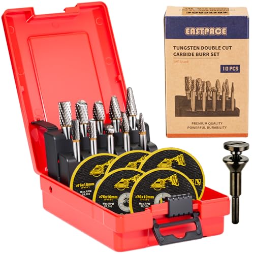 EASTPACE 10 PCS 1/4 Shank Tungsten Carbide Burr Set Double Cut for Metal Grinding Deburring Die Grinder Bits Fit Dewalt Milwaukee Die Grinders Accessories 1PC Mandrel & 5PC 3inch Cut Off Wheel