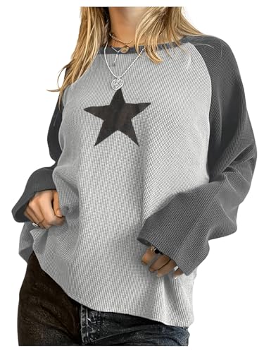 Image of MakeMeChic Girl's Star Print Color Block Crew Neck Long Sleeve Tee Shirt Y2K Tees Top Grey 16Y