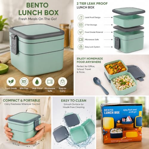 Image of Bento Lunch Box 2 Tier Leak Proof, Mint Green, 13.5x13.5x11.5 cm