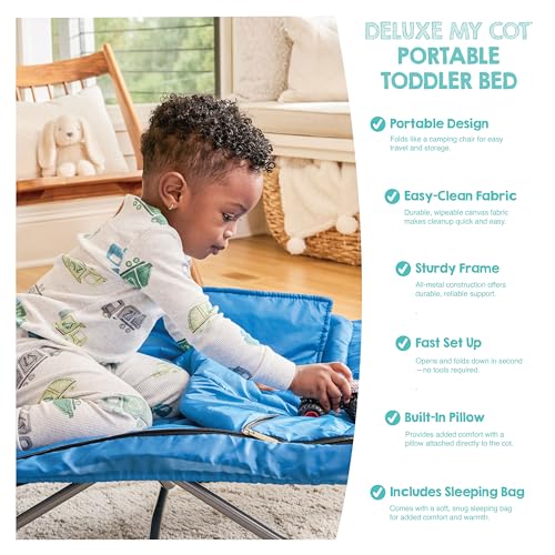 Image of Regalo My Cot Deluxe Portable Toddler Bed, Indoor /Outdoor Kids Nap Cot with Sleeping Bag & Pillow, Lightweight Folding Travel Design for Home, Daycare, Camping & Sleepovers, Ages 2-5