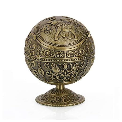 LAUYOO Alloy Metal Vintage Portable Ashtray with Lid Ashtray for Outdoors Indoors Hand Stamped Windproof Ash Tray Classy for Men Women (Bronze with Lucky Elephant) for Cigarettes