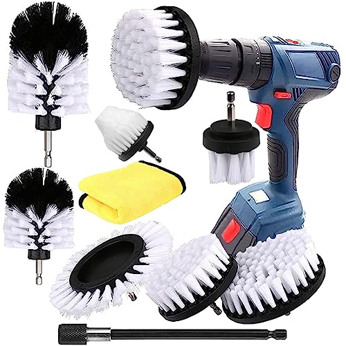 9 Pièces Brosse Nettoyage pour Perceuse - Voiture, Jantes, Carrelage, Tapis, Baignoire, Cuisine, Toilettes, Sol Blanc