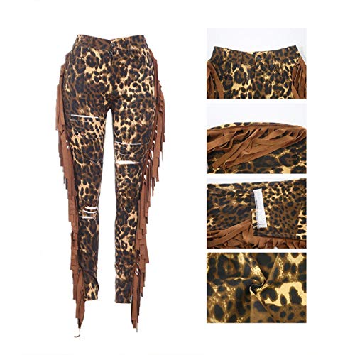 image for Tsmile Women Suede Leather Pants Fringe Tassel Leopard Print Ripped Hi