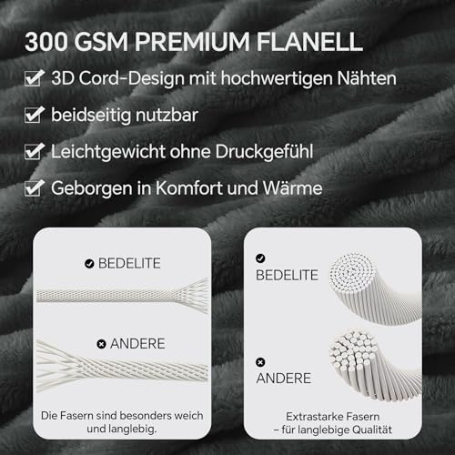 BEDELITE Kuscheldecke Flauschig Decke Klein - weiche Flanell Decken Anthrazit 125x150 für Sofa, Deko Streifen Cord Fleecedecke als Sofaüberwurf für Wohnzimmer, Throw Blanket Wide Use