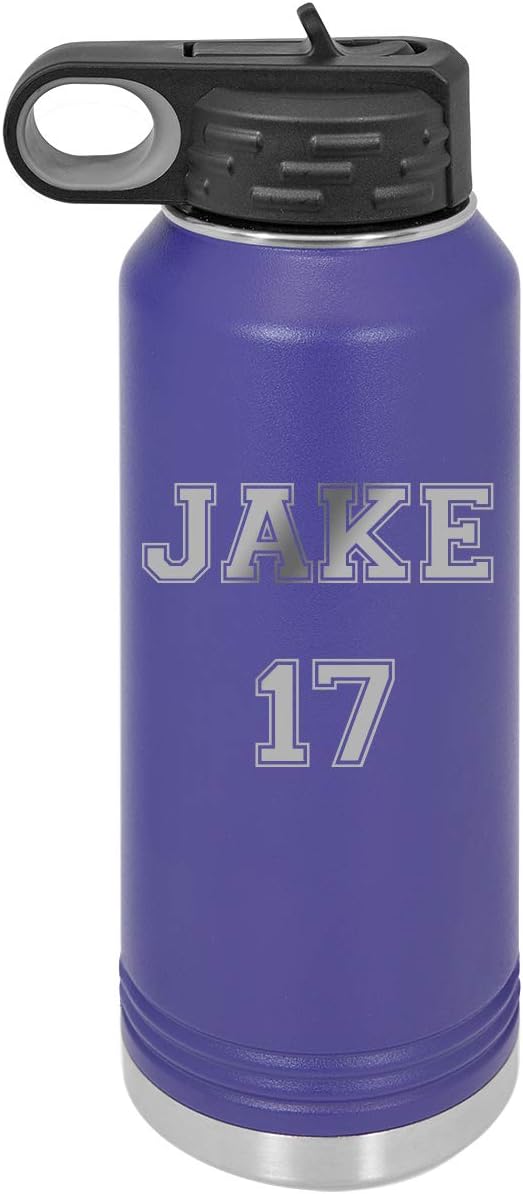 Personalized Custom Soccer, Football, Baseball, Softball Jersey - Add Your Name/Number Double Wall Insulated Stainless Steel Custom Sports Water Bottle with Flip Top Lid, Straw - Customizable