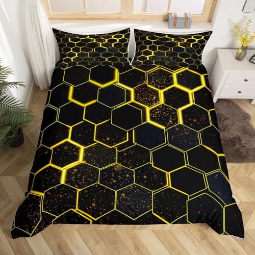 Homewish Housse de Couette Nid d'abeille Noir Jaune Parure de Lit 220x240 Ado Adulte Hexagonale Néon, Sets de Housses de Couettes Géométrique Ruche, Couvre...