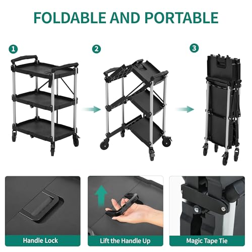 Image of YITAHOME 3-Tier Folding Utility Cart with Wheels (2 Brakes), 350lbs | Foldable Service Cart Collapsible Rolling Cart w / 360 Swivel Wheels, Portable Tool Cart for Home Garage Restaurant Office