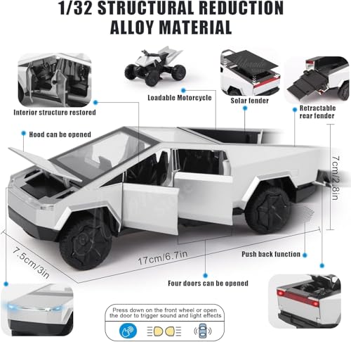 Image of 1 /32 Tesla Cybertruck Toy Pickup Trailer RV Model Kit with Beach Motorcycle for Kids (Silver)