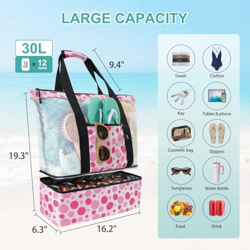Mesh Beach Bag with Cooler for Women, 2-in-1 Print Travel Tote 30L with Zipper and Pockets Large for Pool Vacation Picnic2
