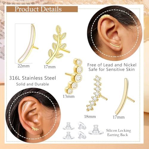 Image of VAMA FASHIONS 5 Pair 18K Plated Multiple Pericing Anti Tarnish Stud Earrings Hypoallergenic Helix Tragus Waterproof Lightweight Ear Studs Combo Set For Women