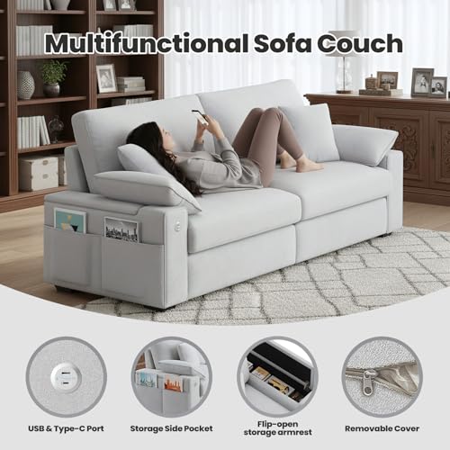 Image of 89 inch Modern Sofas for Living Room, Comfy Sofa with Deep Seat Couch, USB /Type-C Port, Side Storage, Removable Cover, Couches for Living Room, Apartment, Light Grey