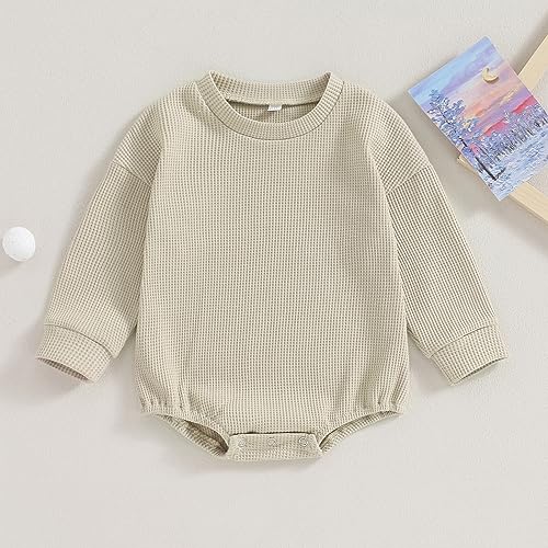 Baby Boy Girl Crewneck Sweatshirt Romper Waffle Knit Long Sleeve Bubble Romper Oversized Sweater Bodysuit Tops3