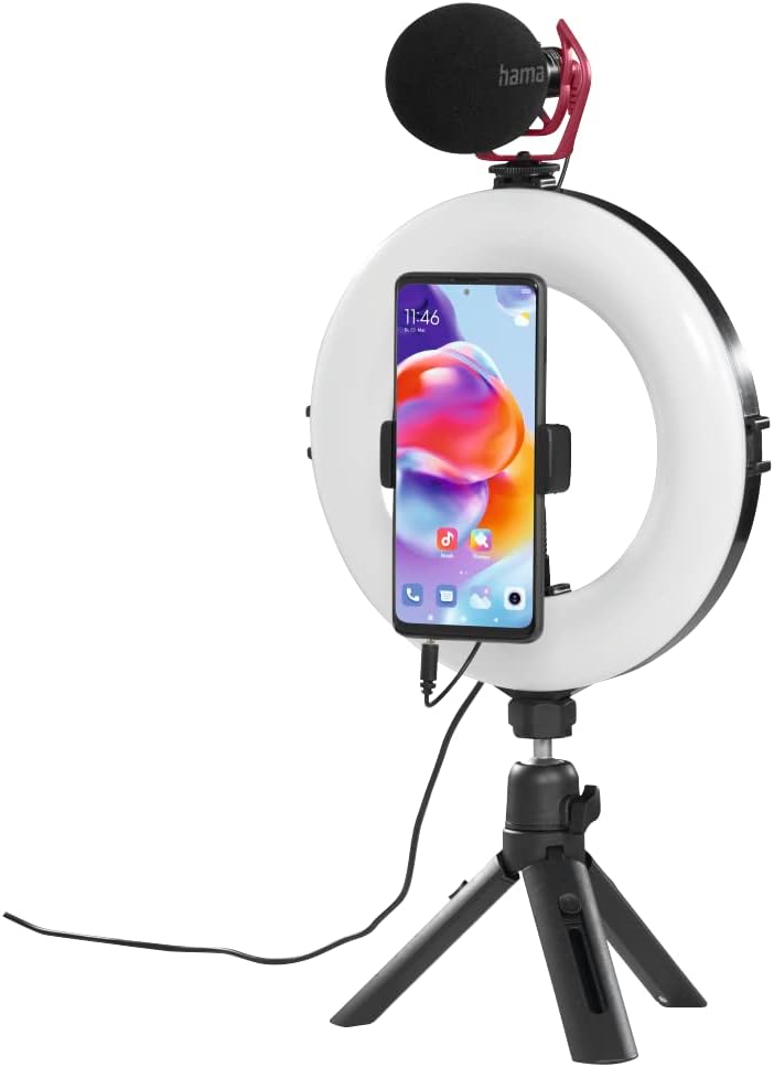 Hama LED Ring Light assembled with a smartphone in the holder and an external microphone attached.