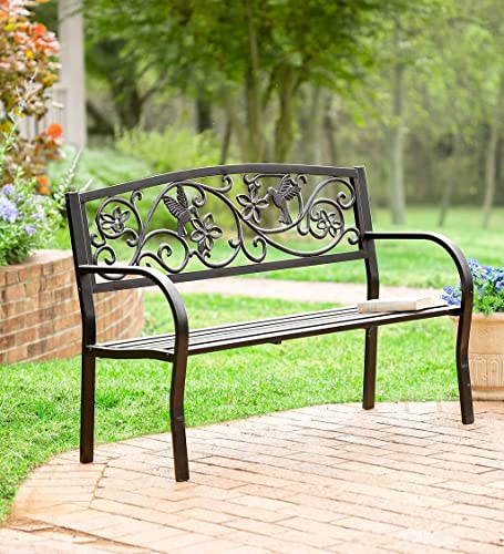 Plow & Hearth Black Metal Hummingbird Garden Bench | Holds Up To 400 Lbs | Garden Patio Porch Park Deck | Featuring Birds, Vines And Flowers | 50" W X 19½"D X 34½"H #TOP5
