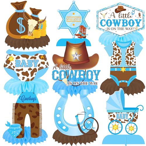 Cowboy Party Honeycomb Centerpieces 12Pcs A Little Cowboy Is On The Way Baby Shower Decorations Cowboy Party Table Decorations Little Cowboy Table Centerpieces for Western Themed Baby Shower Supplies