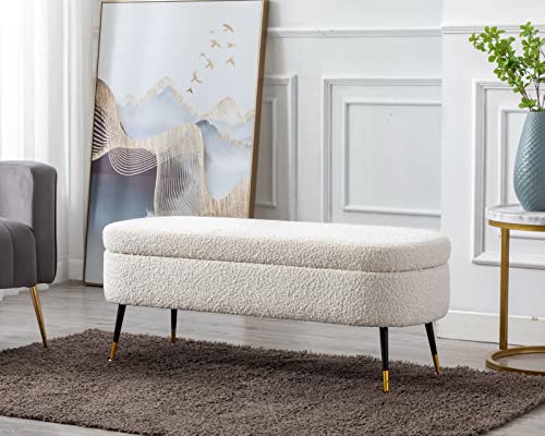 CIMOTA Modern Upholstered Storage Bench for Bedroom Sherpa Ottoman Entryway Beach Faux Fur End of Bed Bench with Metal Legs for Living Room, Beige, 45 Inches