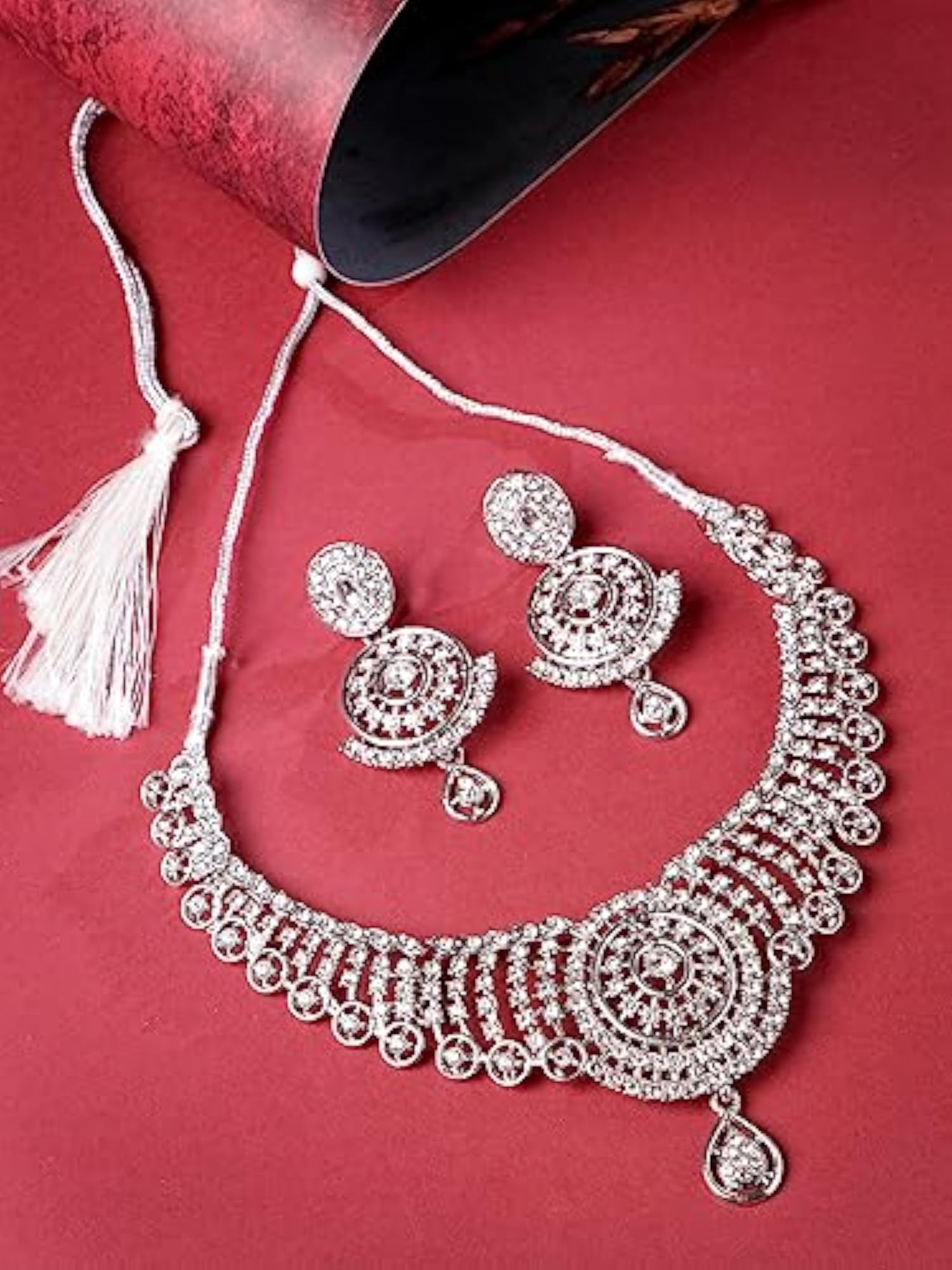 Rhodium Plated AD Stone Collar Bone Necklace Set And Earring