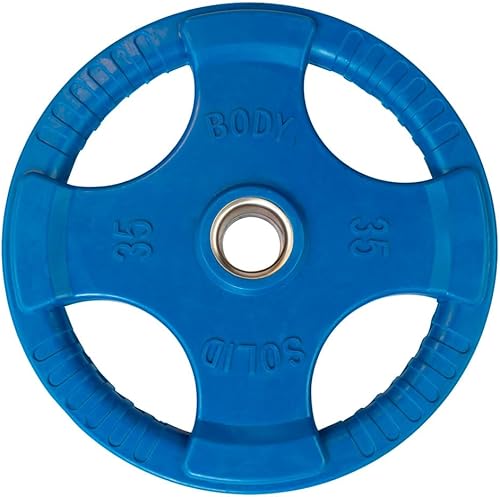 Body-Solid Placa de goma con diseño de agarre cuádruple, discos de peso olímpicos con revestimiento de goma para levantamiento de pesas y
