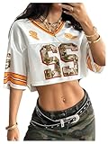 Verdusa Jersey Shirts for Women Y2K Number Graphic Crop Tops Half Sleeve Summer Tees Orange Multi Medium