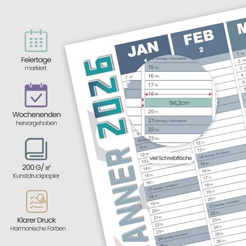 Wandplaner 2026, groß, 120 x 42 cm – doppelseitig laminierter Jahreskalender mit Röhrenverpackung, knitterfreies Design, 8 Aufkleber – Wand-Organizer fürs Homeoffice, Business-Farben