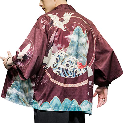 Image of Men's Japanese Kimono Robe Jacket Lightweight 3 /4 Sleeve Open Front Yukata | Silky Smooth Fashion Print Happi Coat Lightweight Breathable Loose Unisex Haori Casual Summer Cardigan Daily Beach Vacation