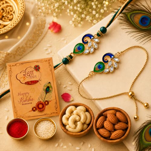 Image of AWANI TRENDS Rakhi Hamper with Dry Fruits | 1 Rakhi and 1 Braclet | 50g Almonds | 50g Cashews | Greeting Card & Roli Chawal | Premium Raksha Bandhan Gift