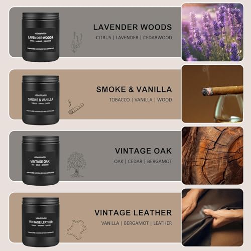 Scented Candle Set, Men Candle Set, Scented Candles for Home, Gifts for Men, 4 Pack Manly Candles Gifts for Mens Scents of Smoke Vanilla/Leather/Oak/Lavender Wood - Image 3