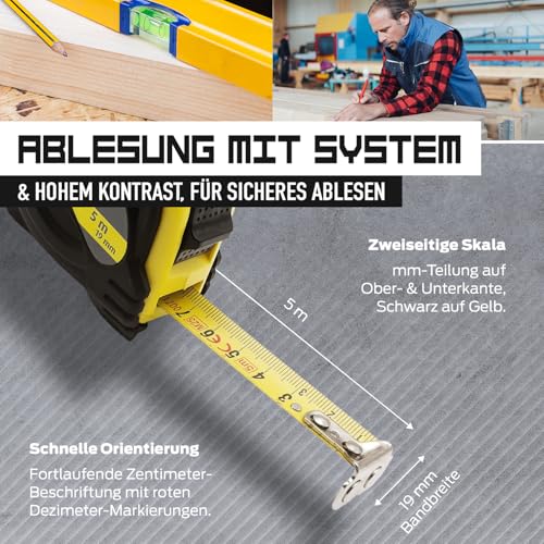 MIB Taschenrollbandmaß 5 m | Maßband mit magnetischem Endhaken & Gürtelclip | Rollmaßband mit Feststeller & Rücklauf | Robustes Bandmaß mit 2-seitiger Skala | 16 mm Bandbreite | Für Heim & Handwerk