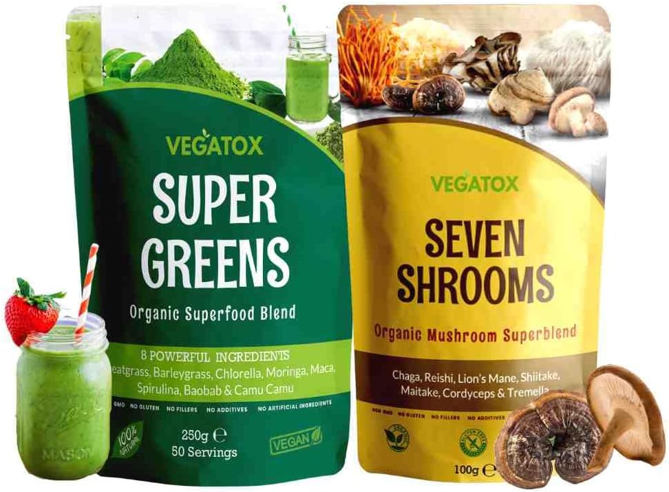 Superfood Powders | Super Greens 250g & Mushroom Powder 100g | Feel Good Superfoods Bundle | Ultimate Immune Support, Energy & Mood Boost | Smoothie Booster | Vegatox