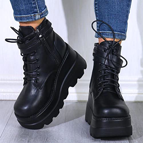 Women's High Heel Combat Boots Square Toe Lace up Zip High Heel Wedge Boots Chunky Platform Ankle Boots for Women4