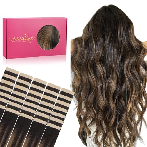 Image of WENNALIFE Tape in Hair Extensions Human Hair, 40pcs 100g 16 inch Balayage Natural Black to Chestnut Brown Hair Extensions Real Human Hair Straight Tape in Extensions Invisible Human Hair Extensions