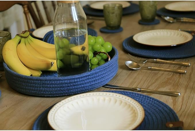 Image of Cotton Rope Placemat Set with Coasters and Holder 6 Pieces Round Woven Table | Mats Natural Beige Heat Resistant | Dining Table Decor | Durable Washable Kitchen Accessories (Royal Blue)