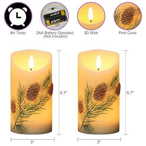 Image of Eldnacele Christmas Flameless Candles with 6 Hour Timer, Battery Operated Hand Painted Pine Cone Real Wax 3D Wick Flickering LED Pillar Candles for Dinner Indoor Holiday Xmas Decor(2Pcs, D3xH5.7)