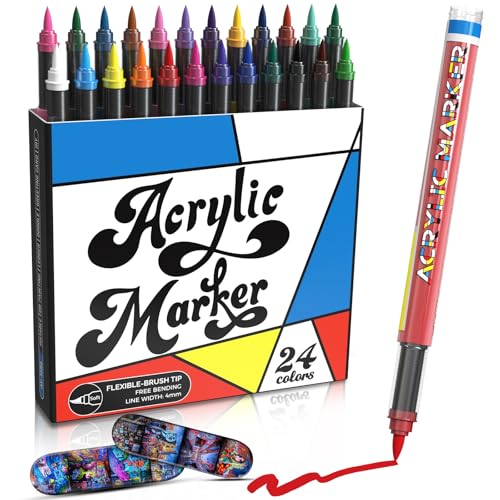 Mockredn Creative Marker Acrylic Paint Pens 24 Assorted Colours, Brush Tip No Bleed Water-Based Ink Paint Markers Writes on Most Surfaces for School & Revision Supplies