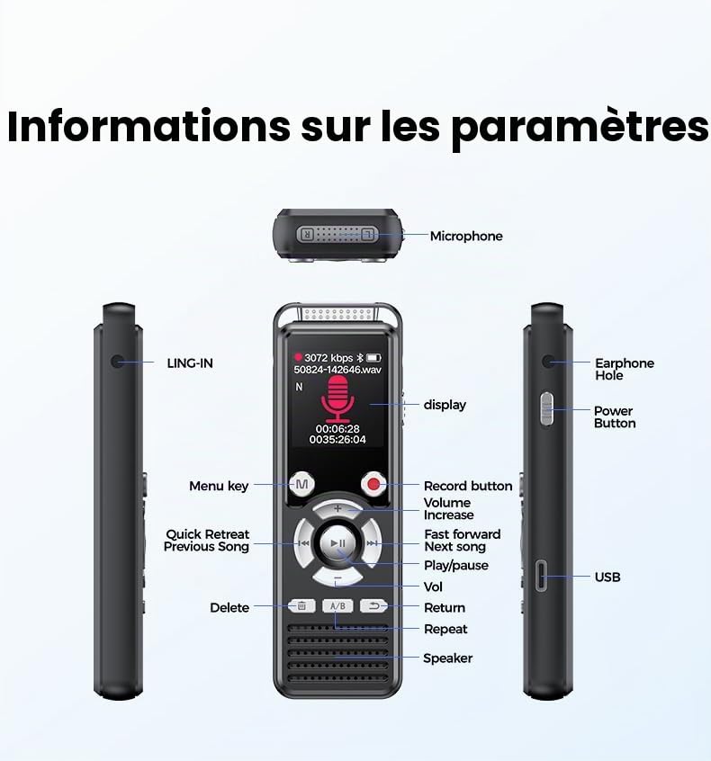 EVISTR Dictaphone numérique 3072Kbps 64 Go Bluetooth avec réduction du bruit Double microphone à activation vocale pour conférences/entretiens/réunions
