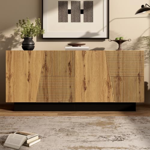 vutizal Sideboard Modern, Aufbewahrungsschrank 160 cm Breit mit Geometrischer Front & Verstellbarem Regalboden – Anrichte, Buffetschrank für Wohnzimmer, Essbereich, 160 x 40 x 72 cm