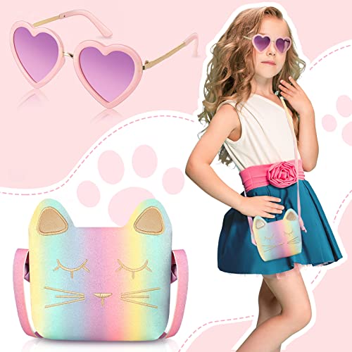 Reginary 3 Pcs Little Girls Purse For Kids Heart Shaped Sunglasses With Uv 400 Protection Crossbody Bag Glitter Cat Toddler Wallet #TOP5