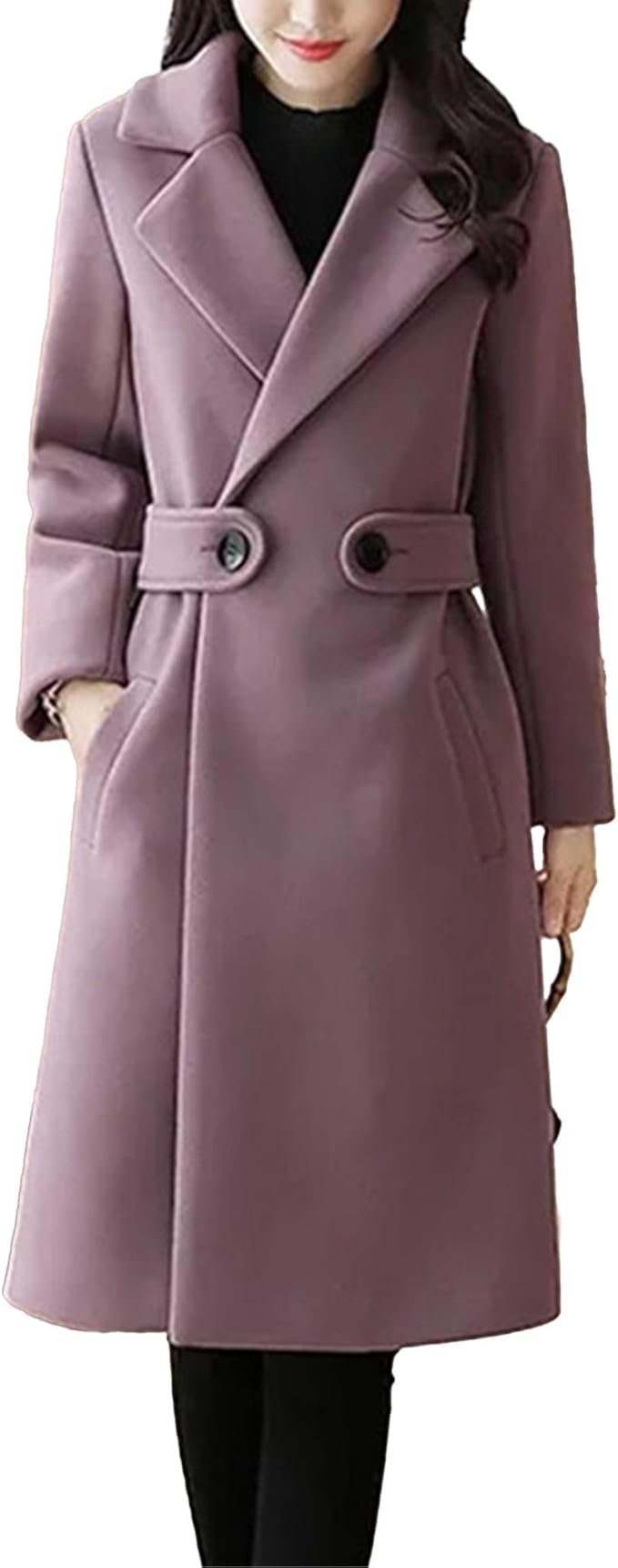 Maiyifu-GJ Women's Elegant Notched Lapel Coat Mid-Length Thicken Warm Wool Blend Coats Casual Fall Winter Long Overcoat
