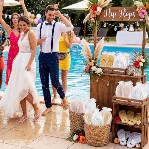 Image of 24 Pairs Bulk Flip Flops for Wedding Guests | Reception Sandals, Wedding Party Favors with Sign, Size Cards, Bagged, Dance Floor Slippers
