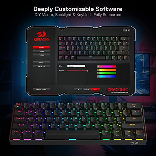 K530 Draconic Tastiera RGB meccanica compatta al 60% con 61 tasti Design TKL 5.0 Tastiera da gioco Bluetooth con interruttori rossi e 16,8 milioni, US LAYOUT - Tastiera gaming - Immagine 7