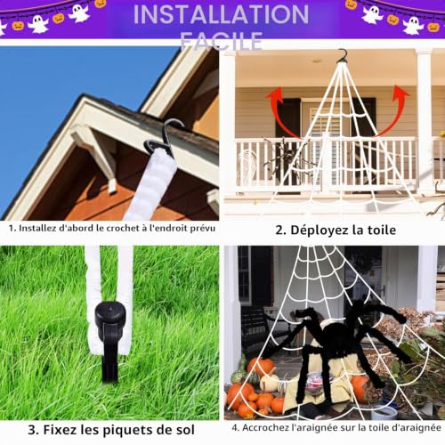 Toile d'araignée 135LED extérieur violette rétractable avec araignée 90cm 8 modes