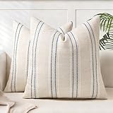 AELS 18x18 Decorative Farmhouse Linen Blend Throw Pillow Covers, Boho Textured Pillow Case, Set of 2,Beige with White & Navy Blue Stitch Yarn Dyed Stripe Cushion Cover for Sofa Living Room(Cover ONLY)