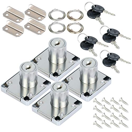 Fippy 4 Pièces Serrure de Tiroir de Bureau Serrure de Meuble à Cylindre avec Clés Serrure à Came en Alliage de Zinc pour Armoires de Porte Boîtes Aux Lettres Placards, 22mm