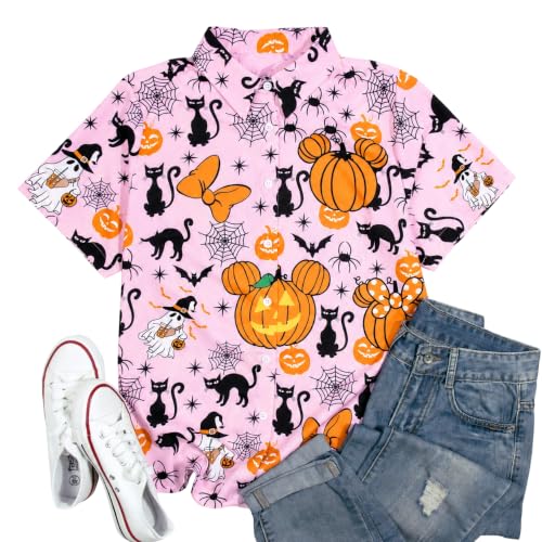 Womens Halloween Hawaiian Shirt Cute Pumpkin Spooky Castle Graphic Tee Magical Halloween Short Sleeve Button Up Tops — view 6
